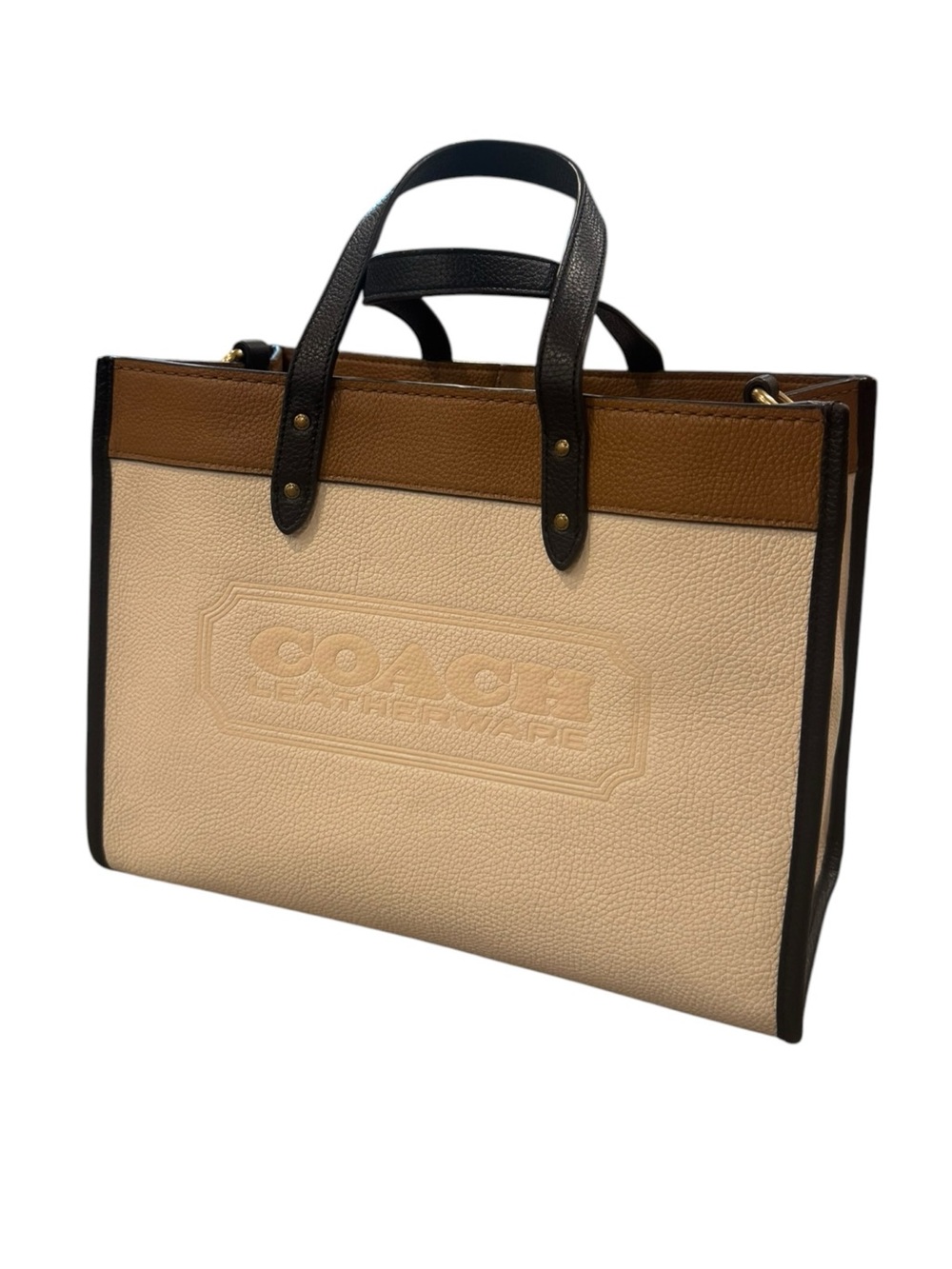 Coach Two-Tone Pebbled Leather Tote in Cream, Brown & Black